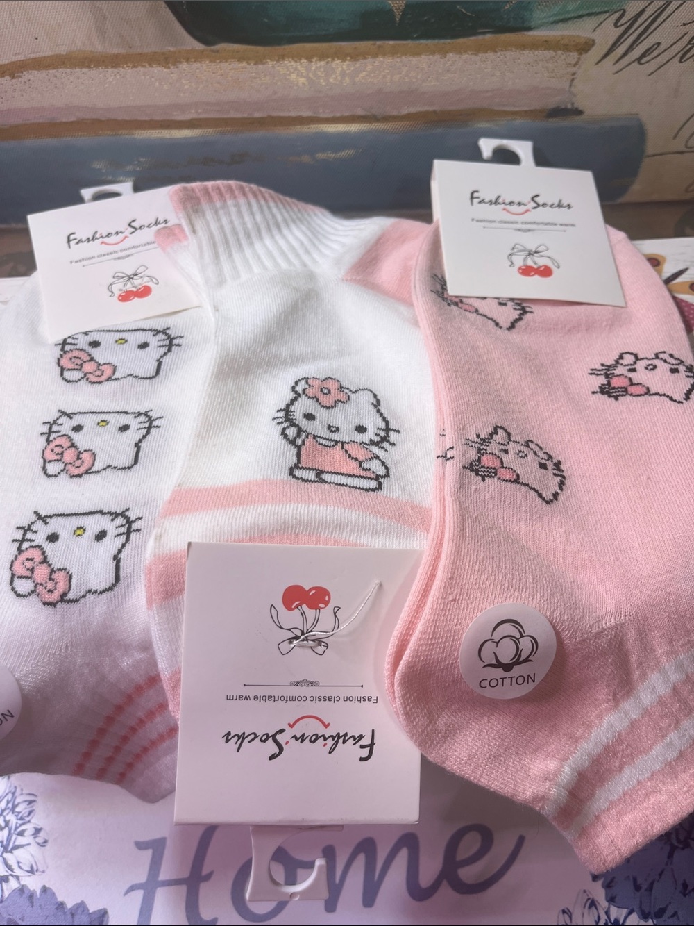 Kids Cute Cat Pattern Socks - Pink & White